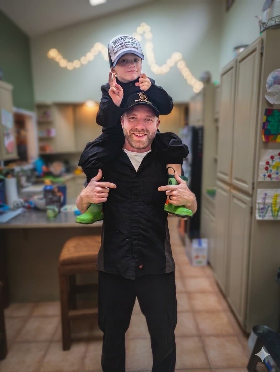 Garrison Rose with his son on his shoulders, both wearing Wild Rose Motorworks gear